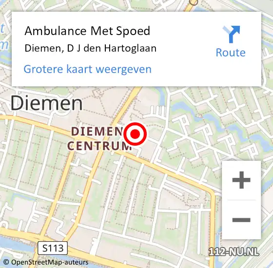 Locatie op kaart van de 112 melding: Ambulance Met Spoed Naar Diemen, D J den Hartoglaan op 6 juli 2020 10:41