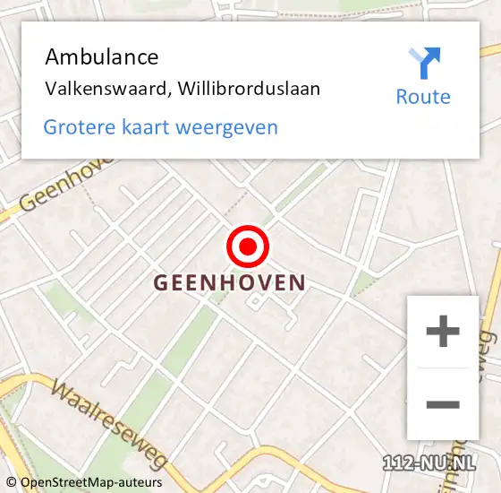 Locatie op kaart van de 112 melding: Ambulance Valkenswaard, Willibrorduslaan op 6 juli 2020 11:13