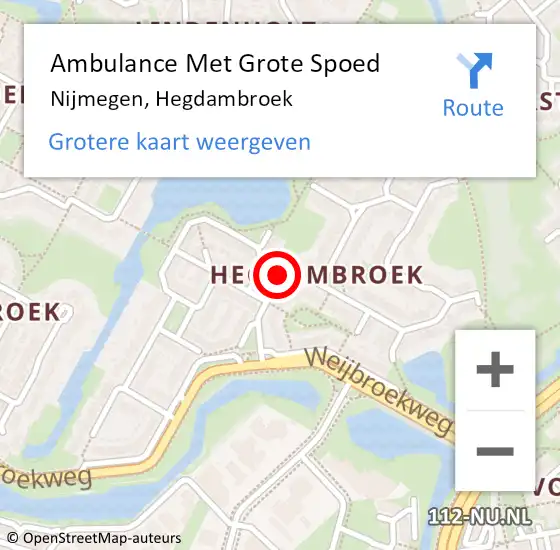 Locatie op kaart van de 112 melding: Ambulance Met Grote Spoed Naar Nijmegen, Hegdambroek op 7 juli 2020 07:04