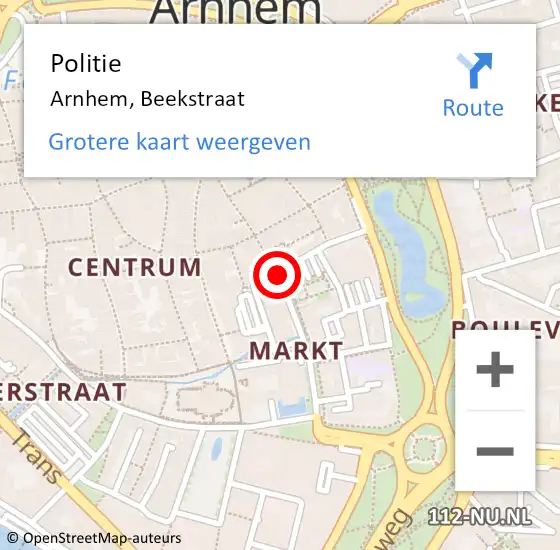 Locatie op kaart van de 112 melding: Politie Arnhem, Beekstraat op 7 juli 2020 19:45