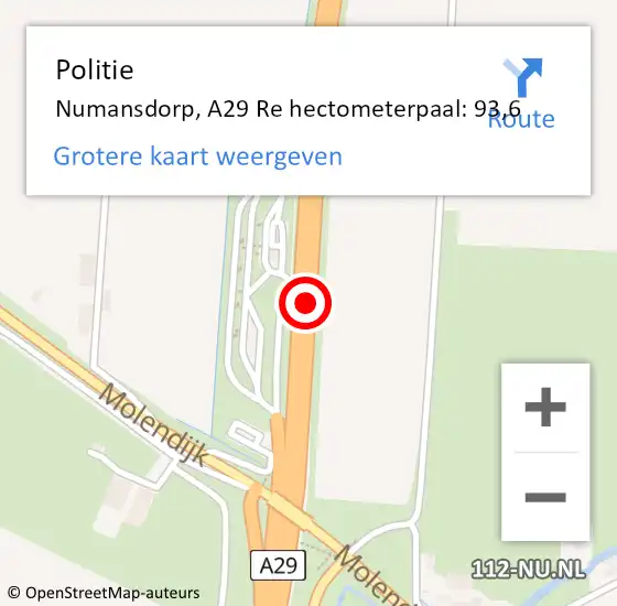Locatie op kaart van de 112 melding: Politie Numansdorp, A29 Re hectometerpaal: 93,6 op 11 juli 2020 15:10