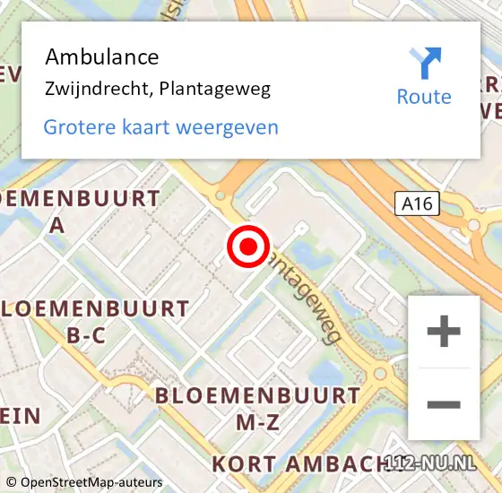 Locatie op kaart van de 112 melding: Ambulance Zwijndrecht, Plantageweg op 17 juli 2020 11:49