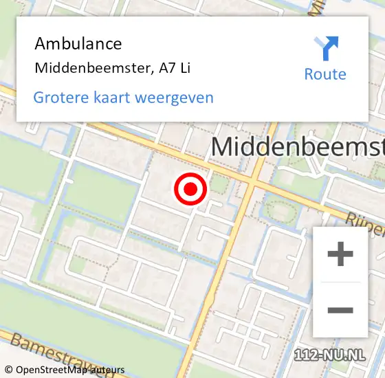 Locatie op kaart van de 112 melding: Ambulance Middenbeemster, A7 Li op 26 juli 2020 00:15