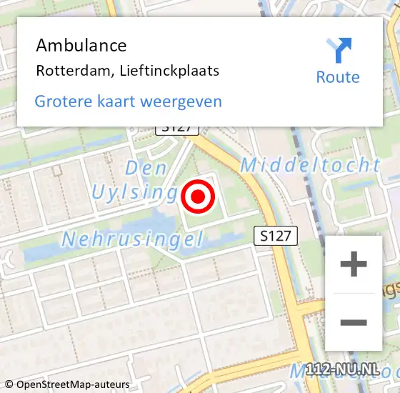 Locatie op kaart van de 112 melding: Ambulance Rotterdam, Lieftinckplaats op 27 juli 2020 08:35