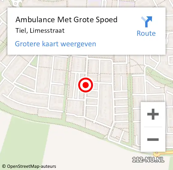 Locatie op kaart van de 112 melding: Ambulance Met Grote Spoed Naar Tiel, Limesstraat op 30 juli 2020 23:01