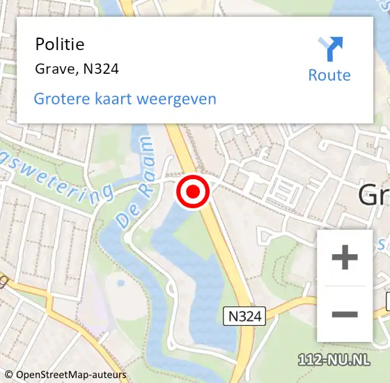 Locatie op kaart van de 112 melding: Politie Grave, N324 op 31 juli 2020 16:57