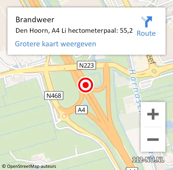 Locatie op kaart van de 112 melding: Brandweer Den Hoorn, A4 Li hectometerpaal: 55,2 op 1 augustus 2020 07:24