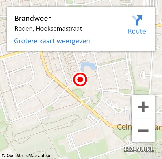 Locatie op kaart van de 112 melding: Brandweer Roden, Hoeksemastraat op 1 augustus 2020 14:52