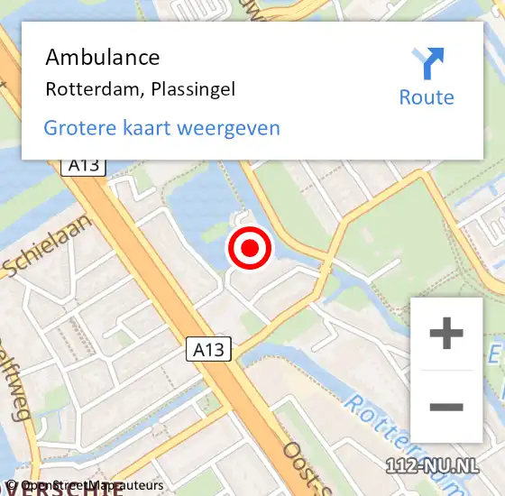 Locatie op kaart van de 112 melding: Ambulance Rotterdam, Plassingel op 4 augustus 2020 18:10