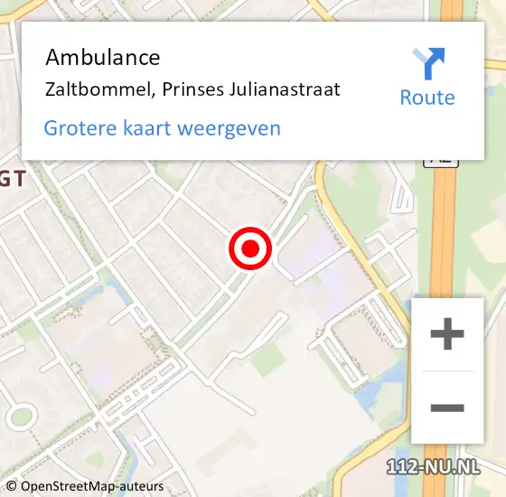 Locatie op kaart van de 112 melding: Ambulance Zaltbommel, Prinses Julianastraat op 6 augustus 2020 15:08