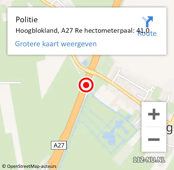 Locatie op kaart van de 112 melding: Politie Hoogblokland, A27 Li op 8 augustus 2020 16:36