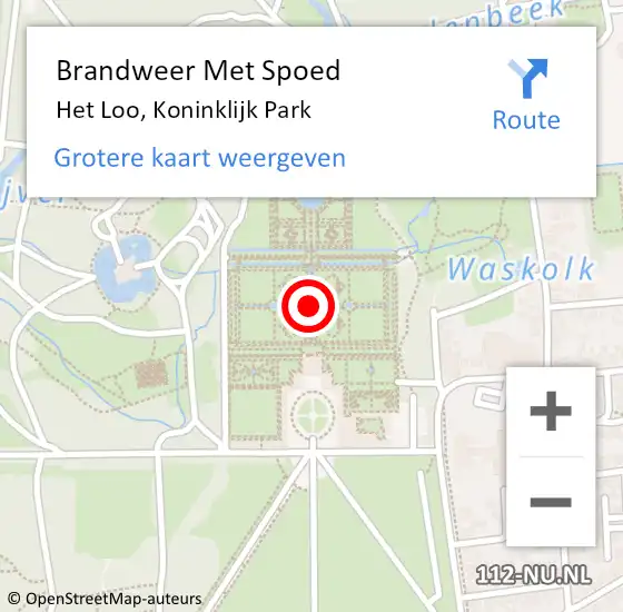 Locatie op kaart van de 112 melding: Brandweer Met Spoed Naar Het Loo, Koninklijk Park op 9 augustus 2020 01:52