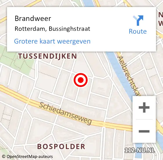 Locatie op kaart van de 112 melding: Brandweer Rotterdam, Bussinghstraat op 9 augustus 2020 11:18