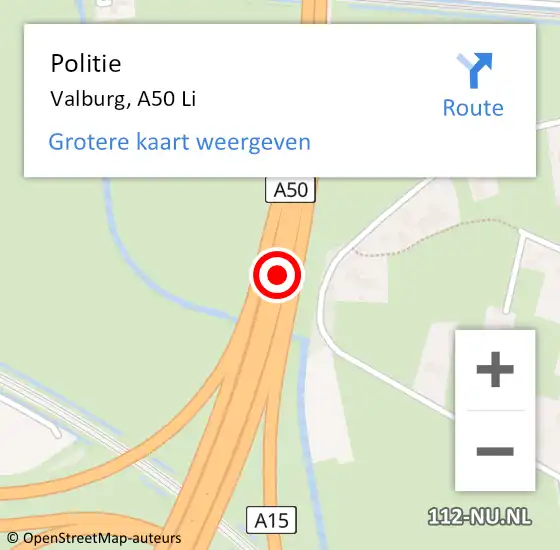 Locatie op kaart van de 112 melding: Politie Valburg, A50 Li op 9 augustus 2020 21:08