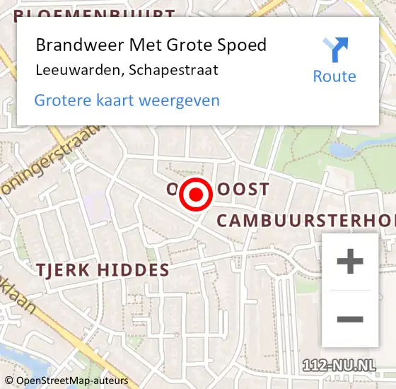 Locatie op kaart van de 112 melding: Brandweer Met Grote Spoed Naar Leeuwarden, Schapestraat op 13 augustus 2020 01:37