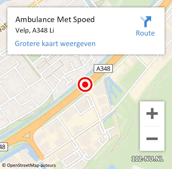Locatie op kaart van de 112 melding: Ambulance Met Spoed Naar Velp, A348 Li op 15 augustus 2020 13:11