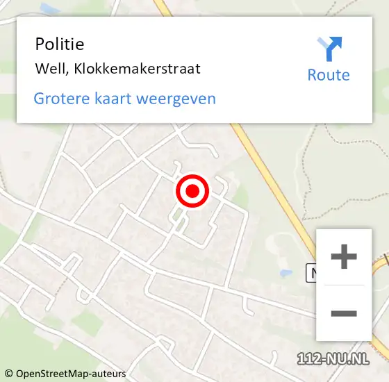 Locatie op kaart van de 112 melding: Politie Well, Klokkemakerstraat op 15 augustus 2020 13:39