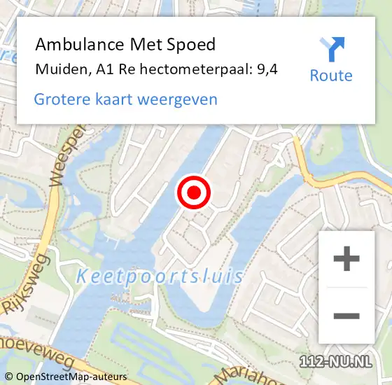 Locatie op kaart van de 112 melding: Ambulance Met Spoed Naar Muiden, A1 Re hectometerpaal: 9,4 op 19 augustus 2020 14:39