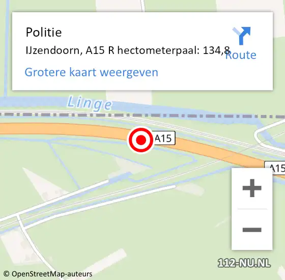Locatie op kaart van de 112 melding: Politie IJzendoorn, A15 R hectometerpaal: 134,8 op 25 augustus 2020 21:07