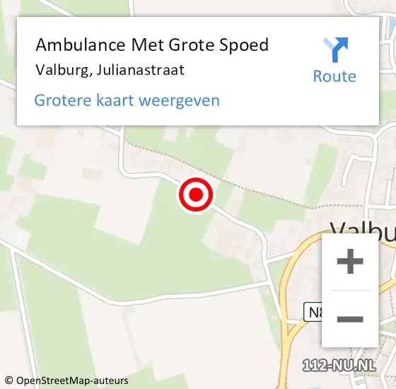 Locatie op kaart van de 112 melding: Ambulance Met Grote Spoed Naar Valburg, Julianastraat op 27 augustus 2020 10:50