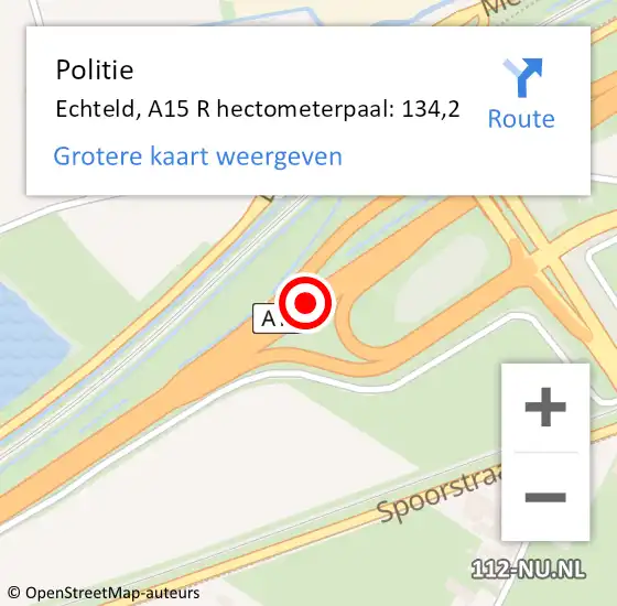 Locatie op kaart van de 112 melding: Politie Echteld, A15 R hectometerpaal: 134,2 op 29 augustus 2020 21:22