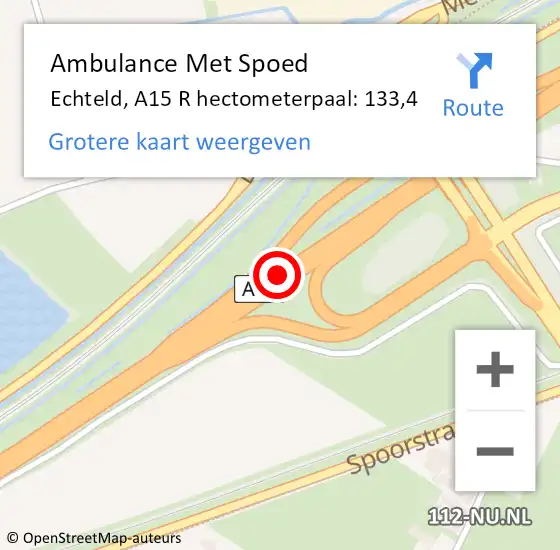 Locatie op kaart van de 112 melding: Ambulance Met Spoed Naar Echteld, A15 R hectometerpaal: 133,4 op 30 augustus 2020 06:57