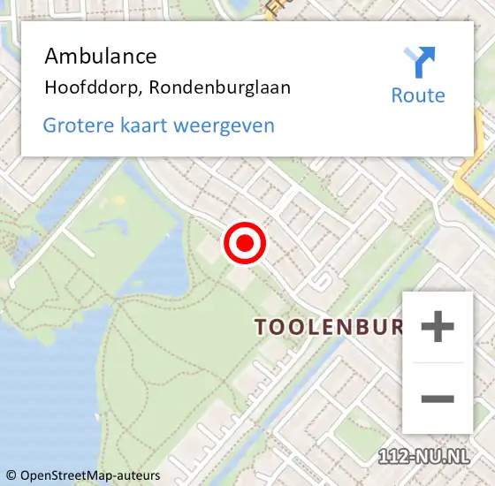 Locatie op kaart van de 112 melding: Ambulance Hoofddorp, Rondenburglaan op 1 september 2020 13:06