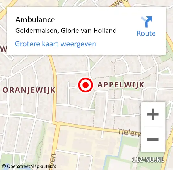Locatie op kaart van de 112 melding: Ambulance Geldermalsen, Glorie van Holland op 10 september 2020 10:51