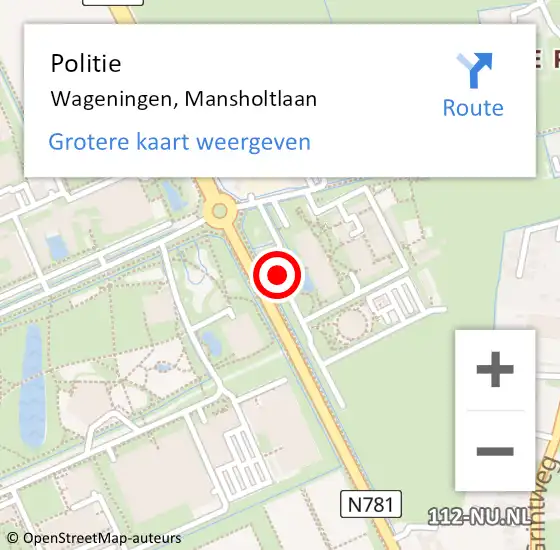 Locatie op kaart van de 112 melding: Politie Wageningen, Mansholtlaan op 15 september 2020 07:50