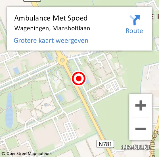 Locatie op kaart van de 112 melding: Ambulance Met Spoed Naar Wageningen, Mansholtlaan op 15 september 2020 07:58