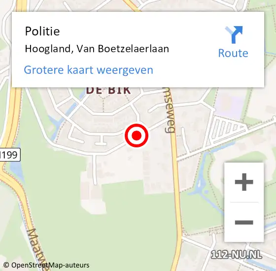 Locatie op kaart van de 112 melding: Politie Hoogland, Van Boetzelaerlaan op 15 september 2020 15:00