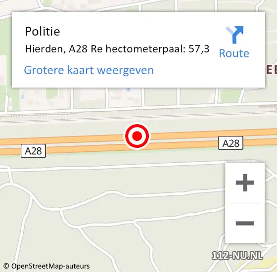 Locatie op kaart van de 112 melding: Politie Hierden, A28 Re hectometerpaal: 57,3 op 20 september 2020 16:17
