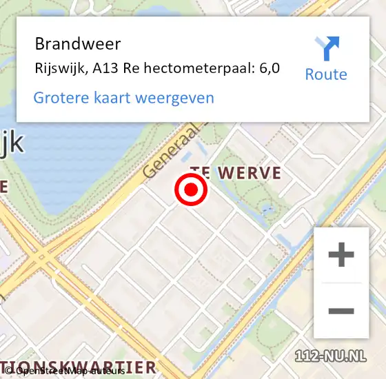 Locatie op kaart van de 112 melding: Brandweer Rijswijk, A13 Re hectometerpaal: 6,0 op 20 september 2020 21:32