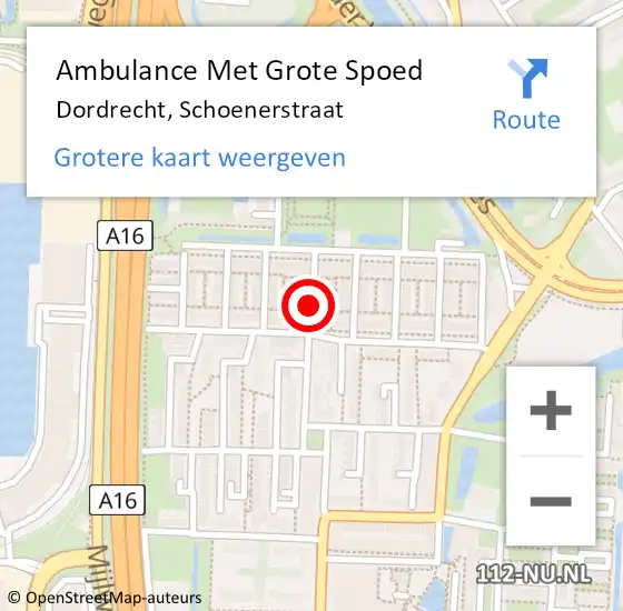 Locatie op kaart van de 112 melding: Ambulance Met Grote Spoed Naar Dordrecht, Schoenerstraat op 22 september 2020 09:05