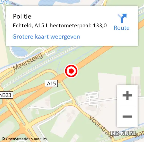 Locatie op kaart van de 112 melding: Politie Echteld, A15 L hectometerpaal: 133,0 op 23 september 2020 22:24