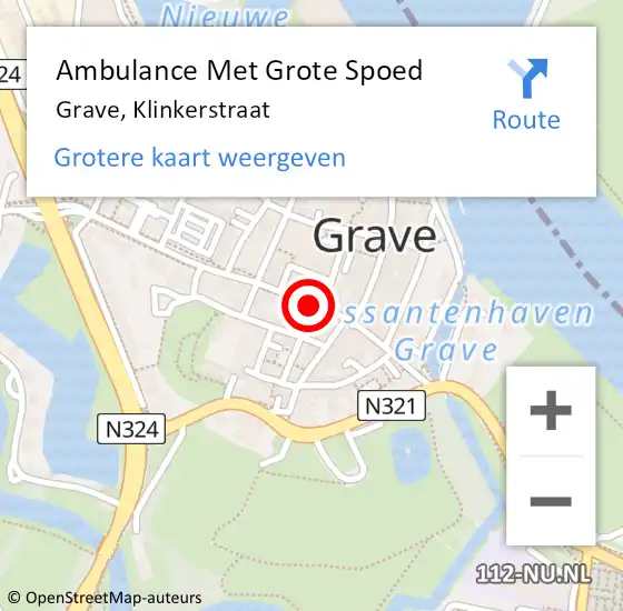 Locatie op kaart van de 112 melding: Ambulance Met Grote Spoed Naar Grave, Klinkerstraat op 26 september 2020 06:16