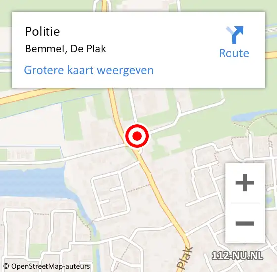 Locatie op kaart van de 112 melding: Politie Bemmel, De Plak op 28 september 2020 07:16