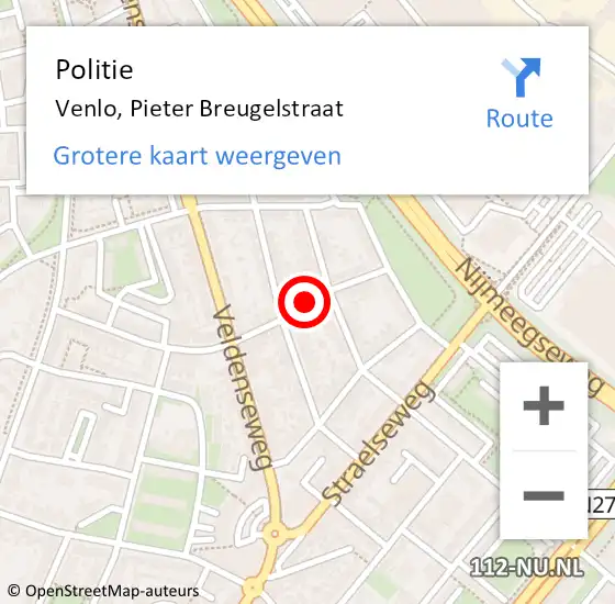 Locatie op kaart van de 112 melding: Politie Venlo, Pieter Breugelstraat op 28 september 2020 21:25