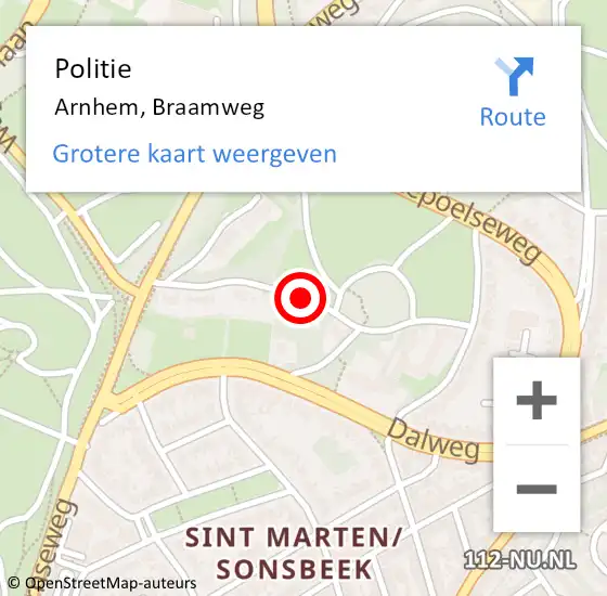 Locatie op kaart van de 112 melding: Politie Arnhem, Braamweg op 1 oktober 2020 21:17