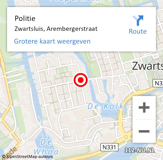 Locatie op kaart van de 112 melding: Politie Zwartsluis, Arembergerstraat op 5 oktober 2020 10:34