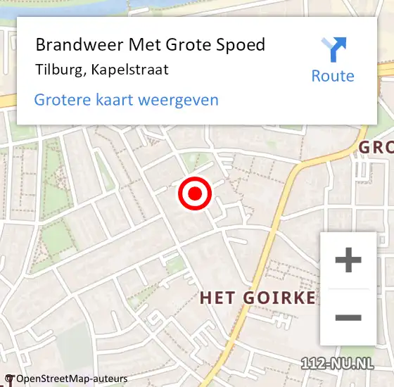 Locatie op kaart van de 112 melding: Brandweer Met Grote Spoed Naar Tilburg, Kapelstraat op 10 oktober 2020 03:45