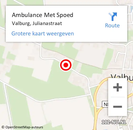 Locatie op kaart van de 112 melding: Ambulance Met Spoed Naar Valburg, Julianastraat op 10 oktober 2020 20:15