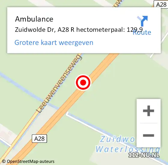 Locatie op kaart van de 112 melding: Ambulance Zuidwolde Dr, A28 R hectometerpaal: 129,9 op 21 mei 2014 18:15