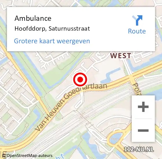 Locatie op kaart van de 112 melding: Ambulance Hoofddorp, Saturnusstraat op 21 oktober 2020 15:23
