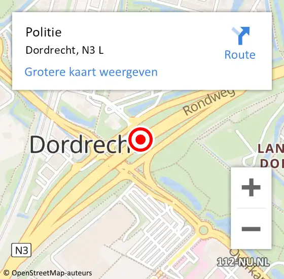 Locatie op kaart van de 112 melding: Politie Dordrecht, N3 L op 21 oktober 2020 22:06