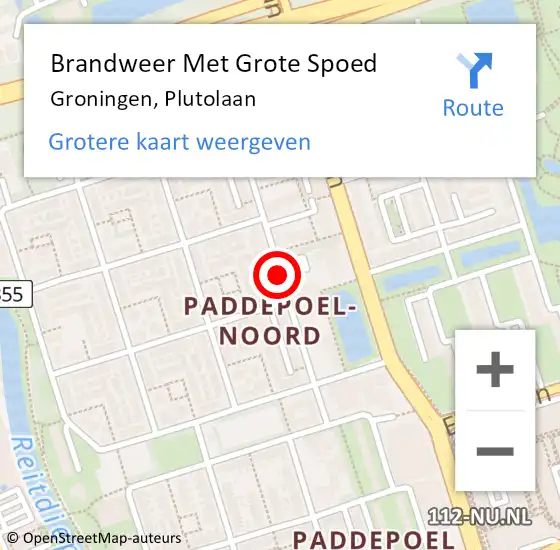 Locatie op kaart van de 112 melding: Brandweer Met Grote Spoed Naar Groningen, Plutolaan op 28 oktober 2020 10:47