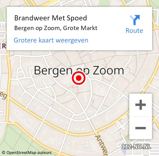 Locatie op kaart van de 112 melding: Brandweer Met Spoed Naar Bergen op Zoom, Grote Markt op 15 november 2020 01:43