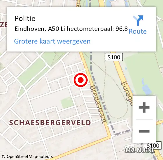 Locatie op kaart van de 112 melding: Politie Eindhoven, A50 Li hectometerpaal: 96,8 op 15 november 2020 16:59