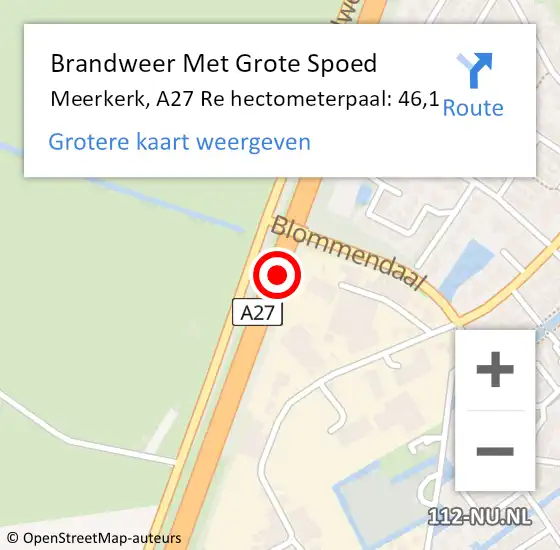 Locatie op kaart van de 112 melding: Brandweer Met Grote Spoed Naar Meerkerk, A27 Re hectometerpaal: 46,1 op 17 november 2020 08:25