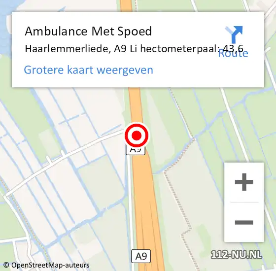 Locatie op kaart van de 112 melding: Ambulance Met Spoed Naar Haarlemmerliede, A9 Li hectometerpaal: 43,6 op 19 november 2020 08:36
